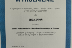 Dyplom za wyróżnienie w konkursie ”Leselust- odkryć radość z czytania”